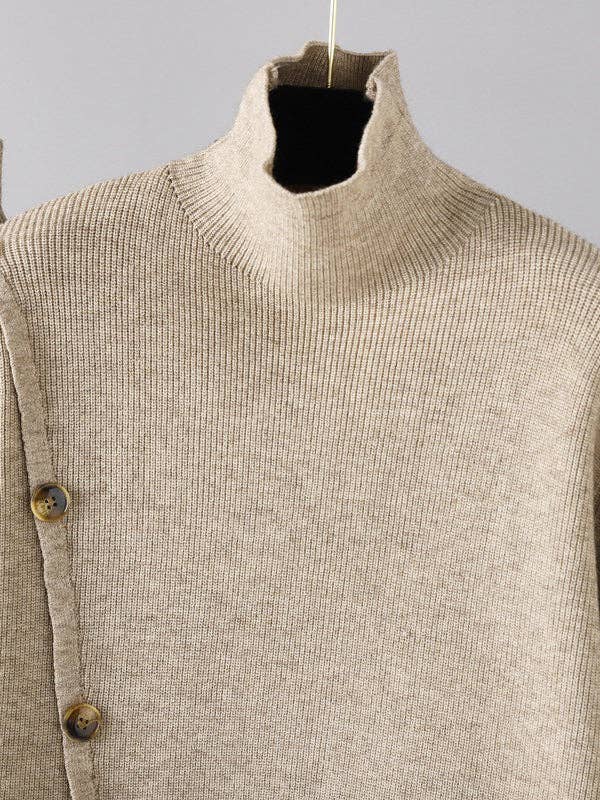 ShieldChic - Vendita all'ingrosso Completo top e pantaloni (NON loungewear) - Donna - Set Due Pezzi: Maglione a Collo Alto con Spacco Anteriore e Bottoni Sciolti in Colore Solido & Pantaloni a Gamba Larga Urbani6