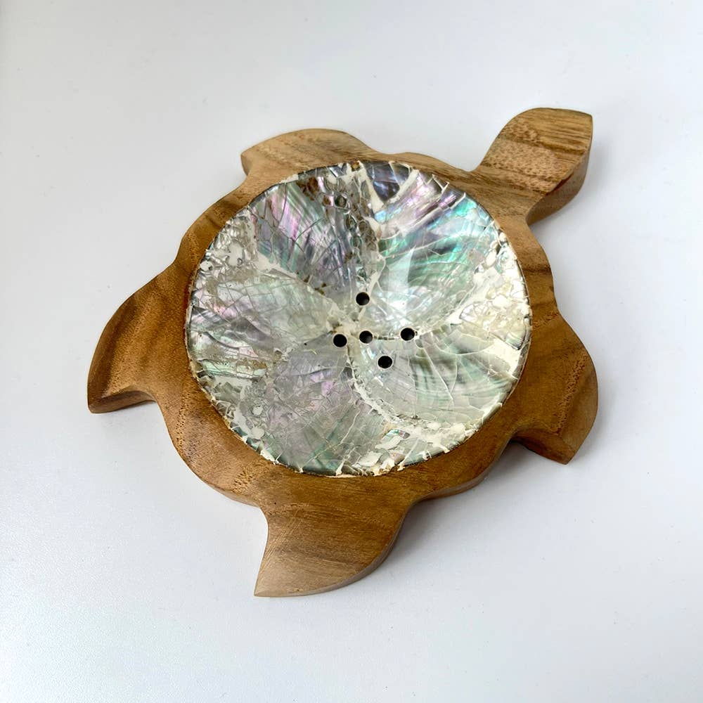 VIE – wholesale Bath soap dish – Turtle Soap Dish, Teak Wood with Abalone Inlay, Approx. 12cm
