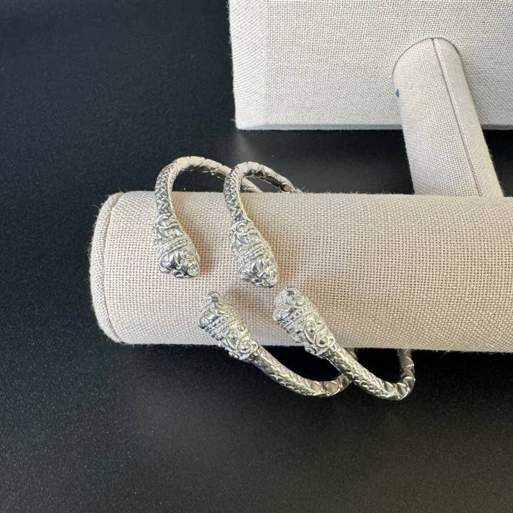 Better Jewelry Solid .925 Sterling Silver Stone Lion West Indian Bangles, 1 pair for wholesale by Better Jewelry