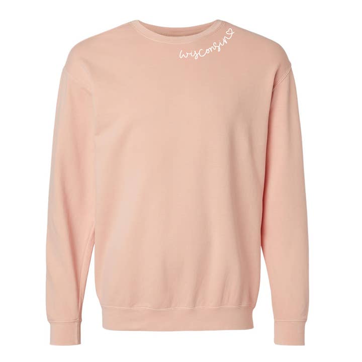 Up North Boutique - Wholesale Sweatshirt - Women's - Wisconsin Script Embroidered Sweatshirt. Peach.