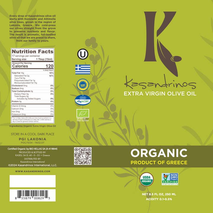 Kasandrinos - Wholesale Olive Oil - Organic Extra Virgin Olive Oil Glass Bottle 250ml