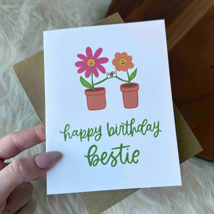 "Happy birthday bestie" Flower Pot Friends Birthday Card for wholesale by Big Moods