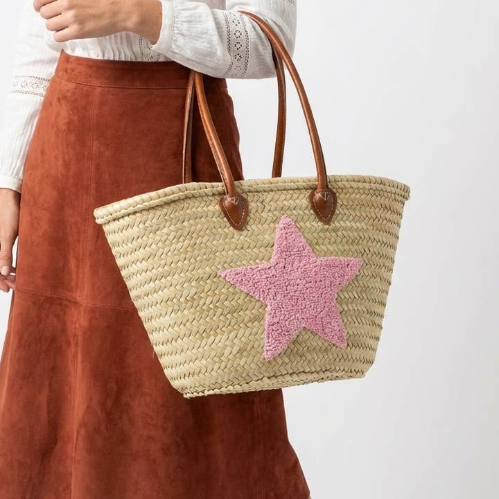 French Market Basket Straw Tote Leather Handle Star Motif for wholesale by Melecraft