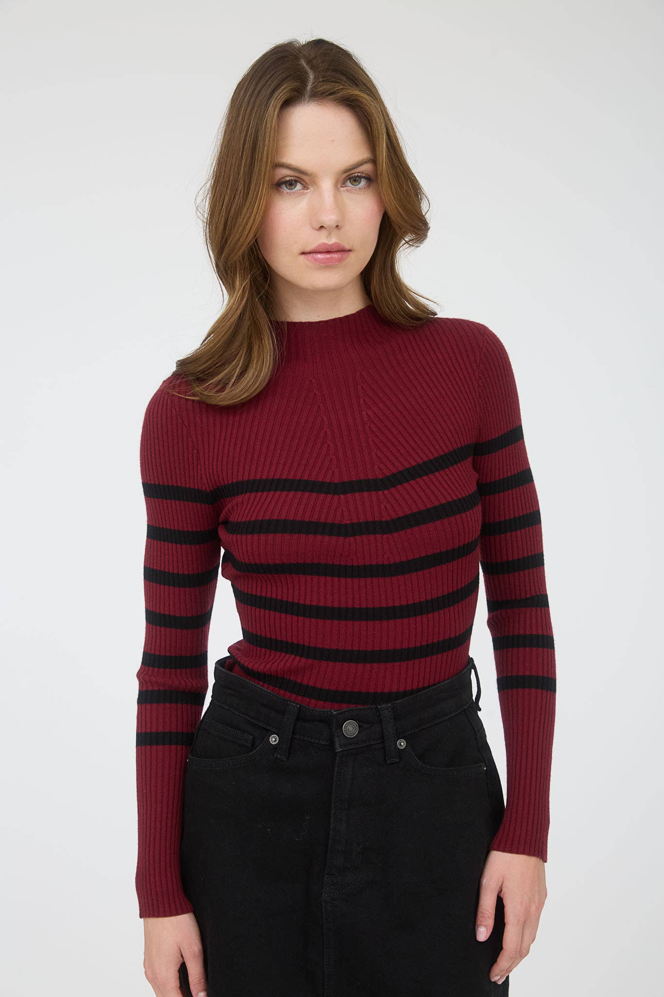 The Workshop Studio - Wholesale Knit Sweater - Women's - MOCK NECK STRIPE LONG SLEEVE SWEATER KNIT PULLOVER9