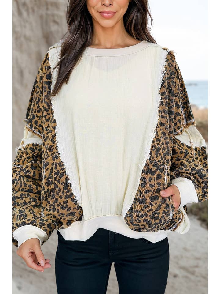 Beige Leopard Patchwork Loose Long Sleeve Top NEW | S-XL for wholesale on Faire0