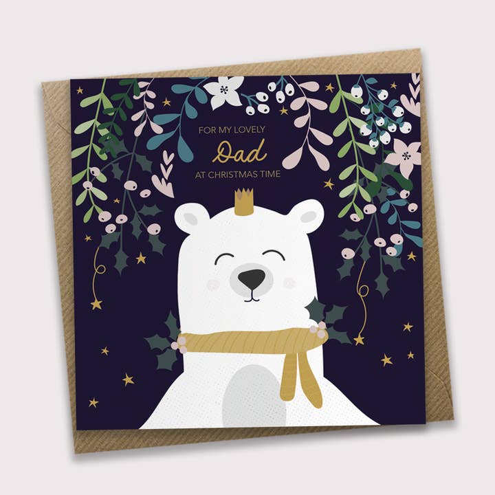 Tarjeta de Navidad para papá con diseño de oso de invierno y noche estrellada para venta al por mayor de Pixel & Bloom