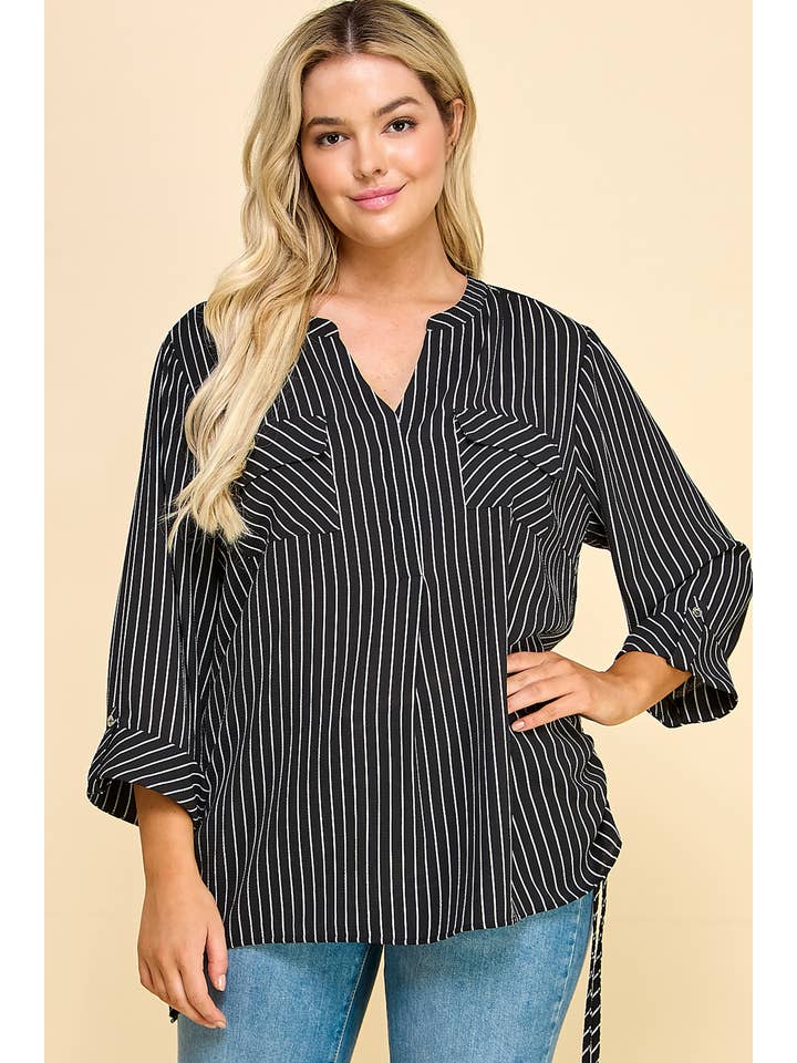 BLACK PLUS SIZE 3/4 BUTTON TAB SLV MANDARIN COLLAR TOP G9303788GX for wholesale on Faire