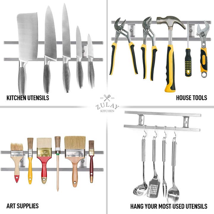 Zulay Kitchen – wholesale Knife storage – Stainless Steel Knife Magnetic Strip With Hanging Hooks12
