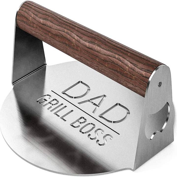 BBQ Press Grilling Gift for DAD The Grill Boss - Stainless Steel Smash Burger Press for Hamburger/Bacon with Wood Handle & Beer Opener (for Christmas, Birthday, Fathers Day) for wholesale by Infinite Basics