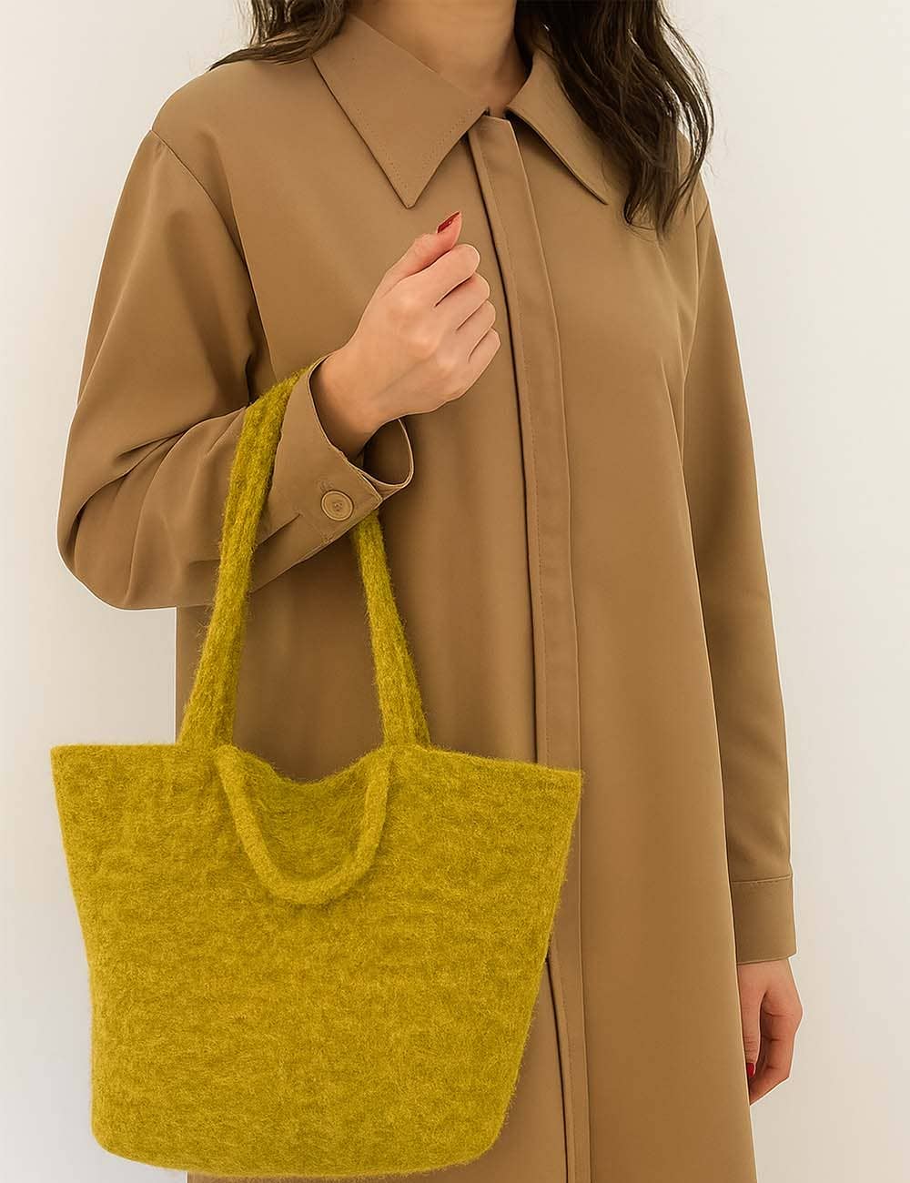 Mustard Ladies Faux Fur Solid Color Shoulder Tote Bag for wholesale on Faire1