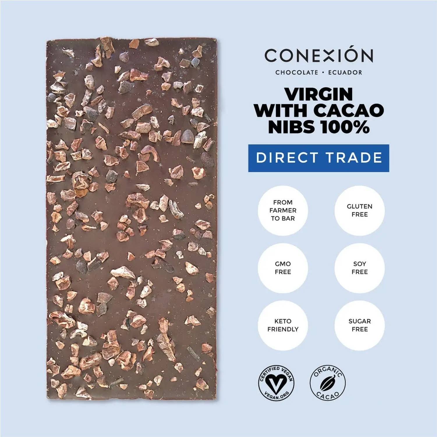 Conexión Chocolate – wholesale Chocolate bar –  *Heirloom Raw 100% with Cacao Nibs 1