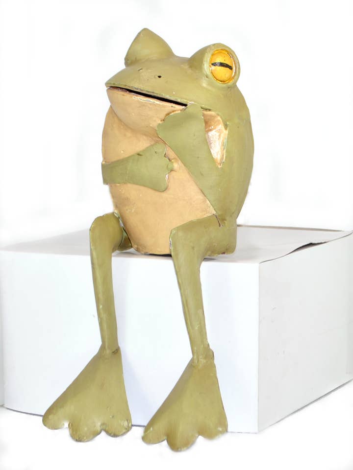 Thinking Frog figurine metal painted 11" for wholesale by Spectrum Home Fashions, Inc.