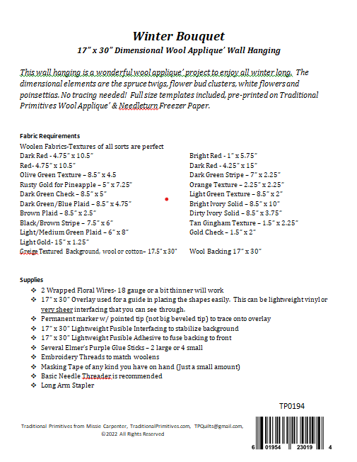 Traditional Primitives - Wholesale Craft Sewing Kit - Winter Bouquet Wool Applique Pattern1