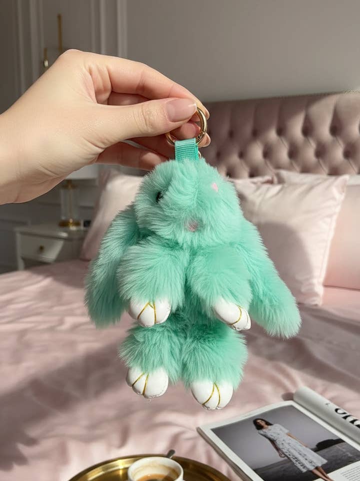Mini Plush Fluffy Bunny Rabbit Key Ring & Bag Charm for wholesale by Arya Jewellery Wholesale