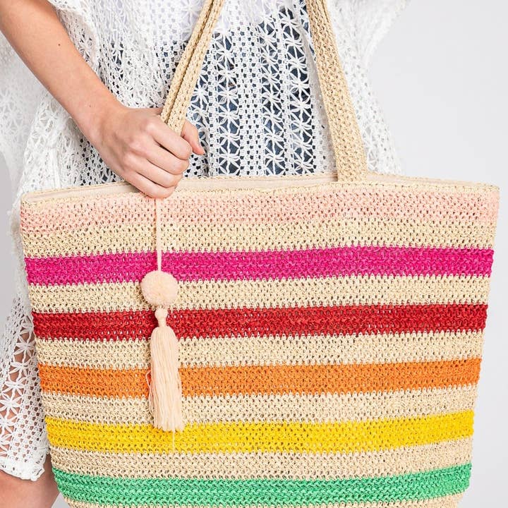 MiMi Wholesale - Wholesale Tote Bag - Women's - Amara Striped Crochet Women's Tote Bag with Tassel
