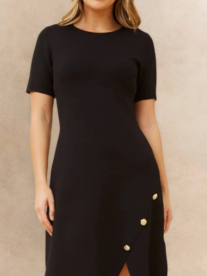 Cleo Black A-Line Dress Short Sleeves Gold Button Front Detail for wholesale by ANNICK