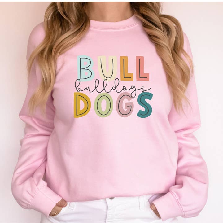 Colorful Bulldogs Sweatshirt with Print and Cursive for wholesale by Pecan Creek Designs