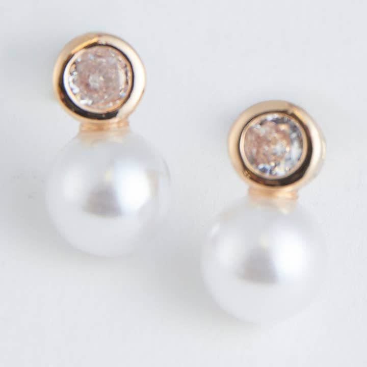 Ear Sense Gold Pearl and Crystal Drop Earrings for wholesale by Howard's