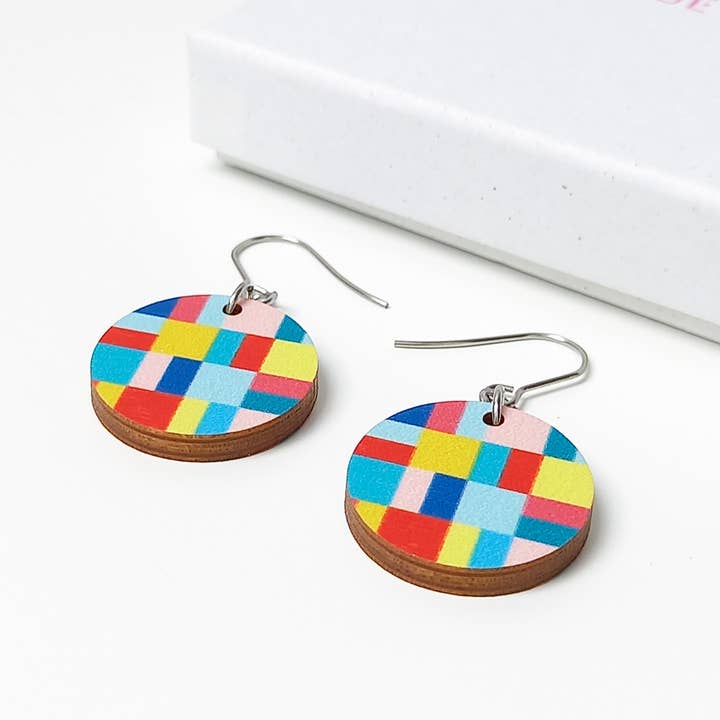 Tate Drop Colour Block Wooden Earrings for wholesale by Unique Ella