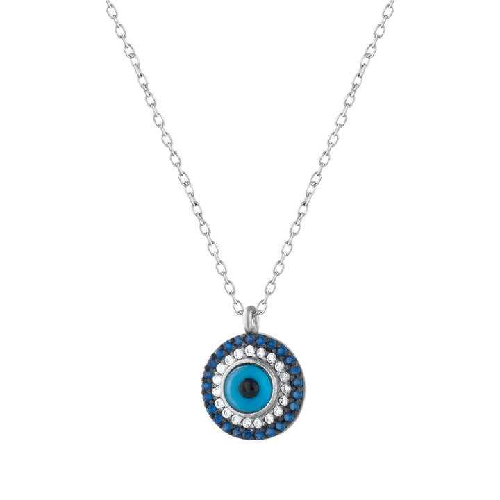 Sterling Silver Necklace with Round Blue Evil Eye & Blue CZ for wholesale by MYSTIC JEWELS