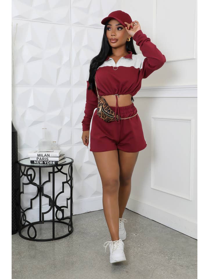 5besties inc - Wholesale Activewear Set - Women's - SPORTY CROP LONG SLEEVE TOP & SHORT SET4