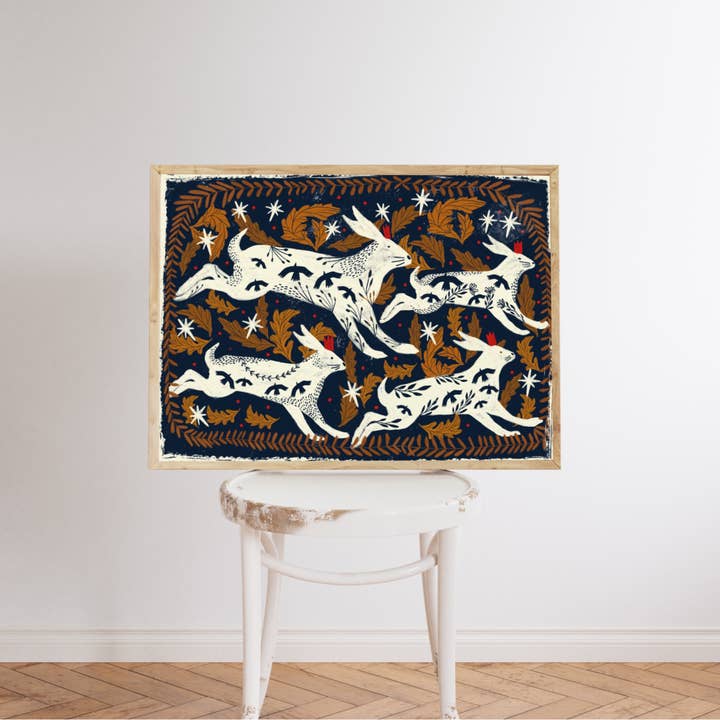 Carole Hillman - Wholesale Art Print - Hares dark blue background print2