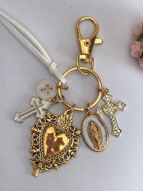 Miss DJ Angel - Wholesale Keychain - Women's - Virgin Mary keychain with sacred heart and cross, gift for virgin mother, miraculous medal virgin charm, ex-voto keychain2