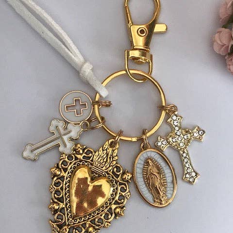 Miss DJ Angel - Wholesale Keychain - Women's - Virgin Mary keychain with sacred heart and cross, gift for virgin mother, miraculous medal virgin charm, ex-voto keychain2