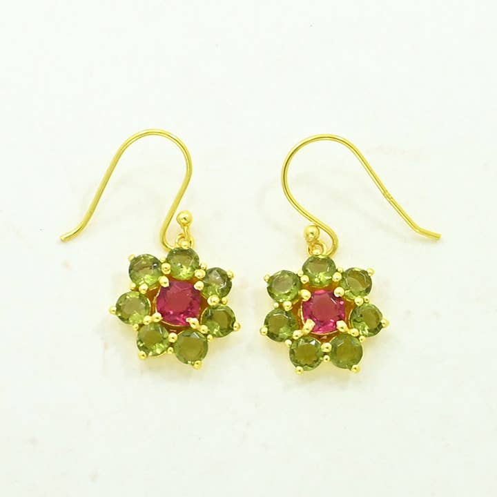 Blossom Earring Gold Silver 925 - Green & Pink Tourmaline for wholesale by Schmuckoo Berlin