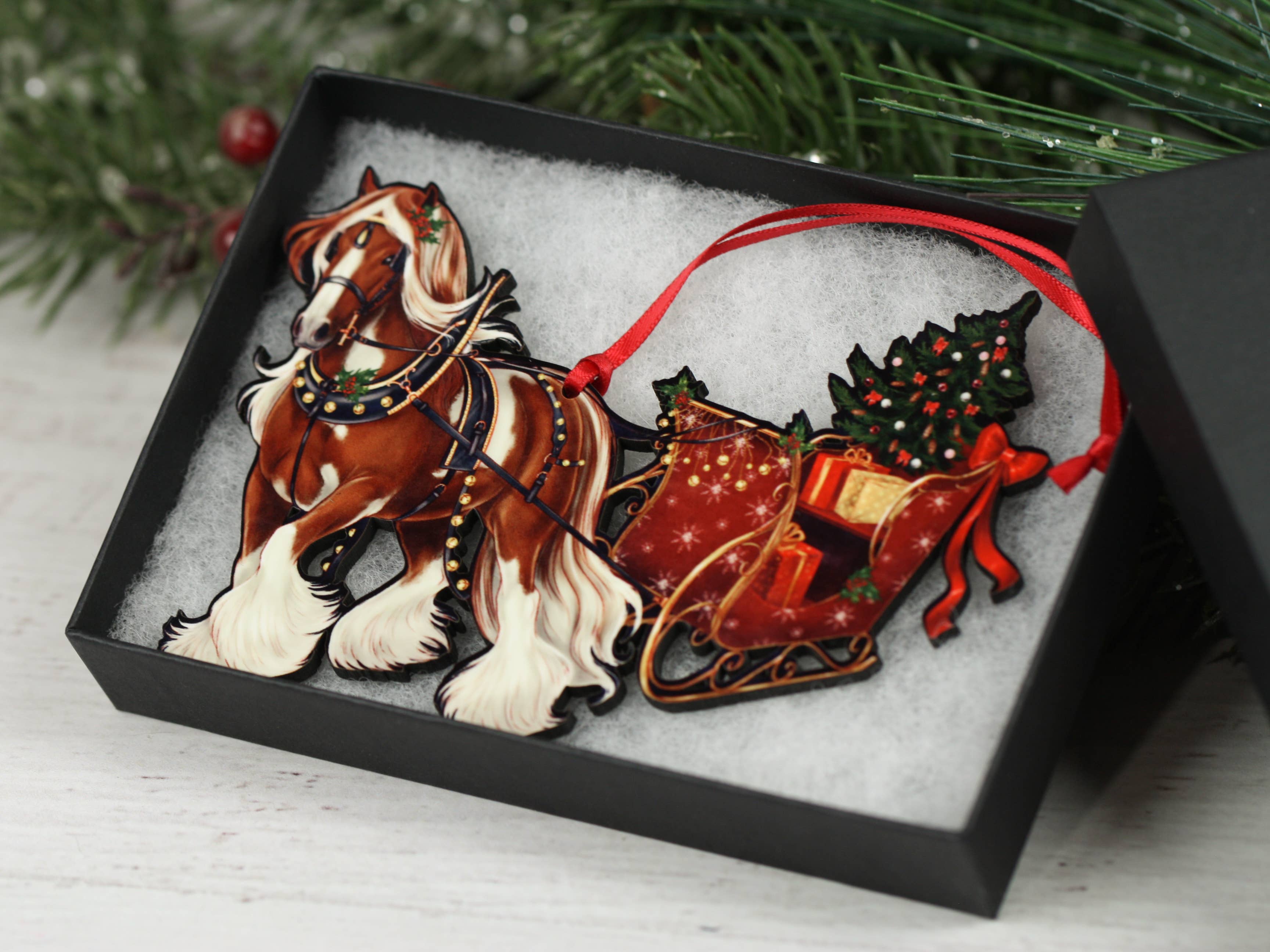 Classy Equine - Wholesale Ornament - Chestnut Tobiano Gypsy Cob Horse Sleigh Christmas Ornament4