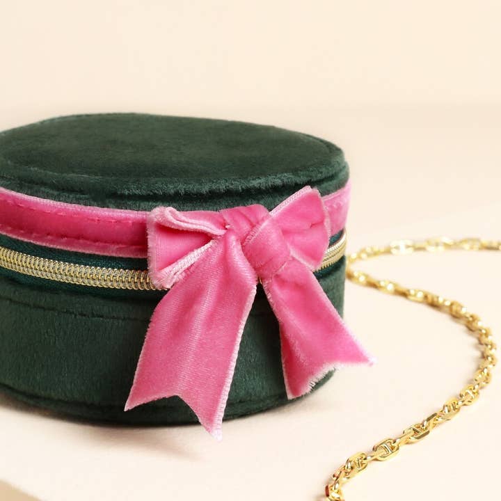 Lisa Angel - Wholesale Jewelry Box/Organizer - Green and Pink Velvet Bow Mini Round Jewellery Case2