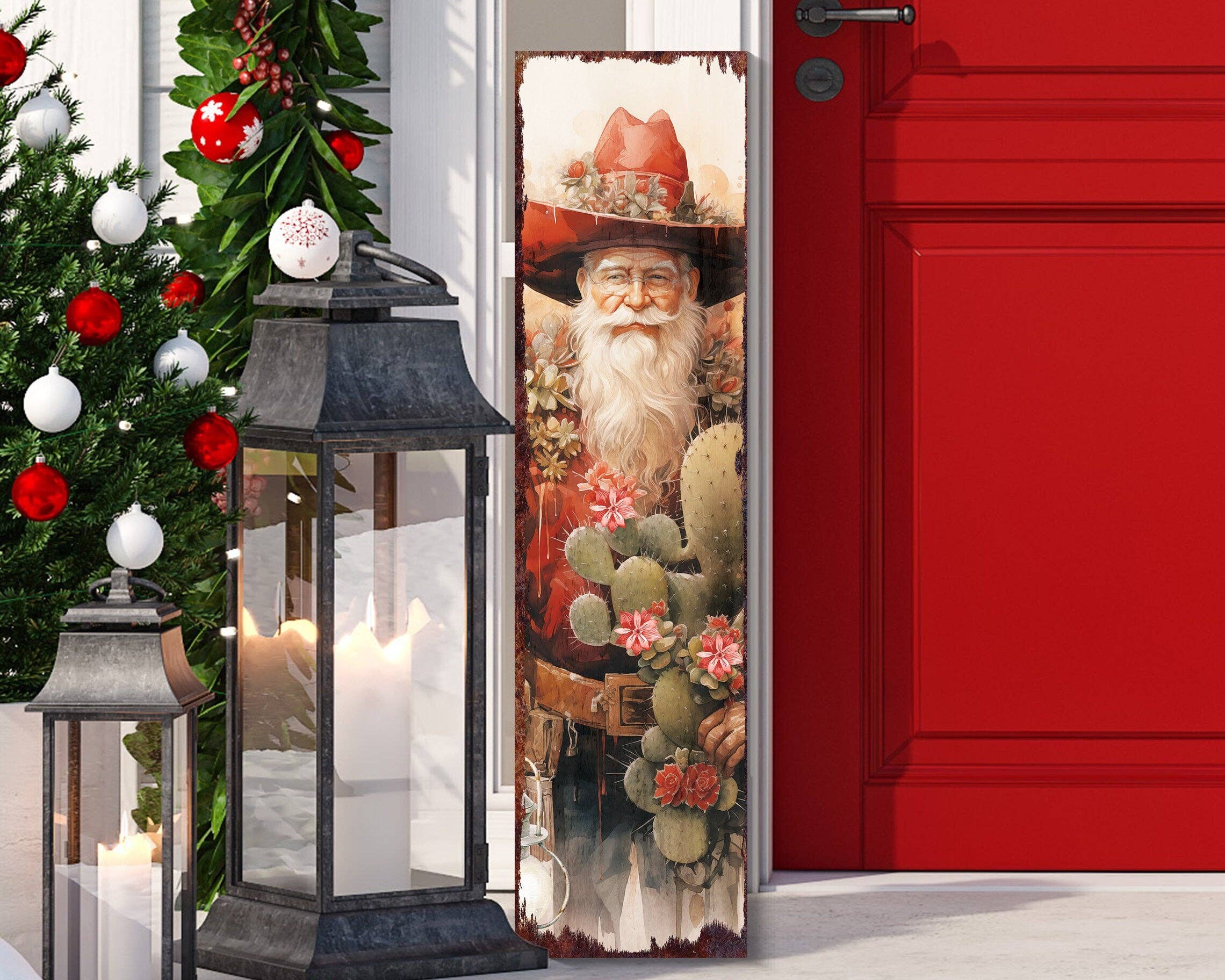 TX USA Corporation – Großhandel Schild für Außenbereich – Cowboy-Weihnachtsmann-Weihnachtsschild für die Veranda | Rustikale Bauernhaus-Willkommensdekoration für draußen2