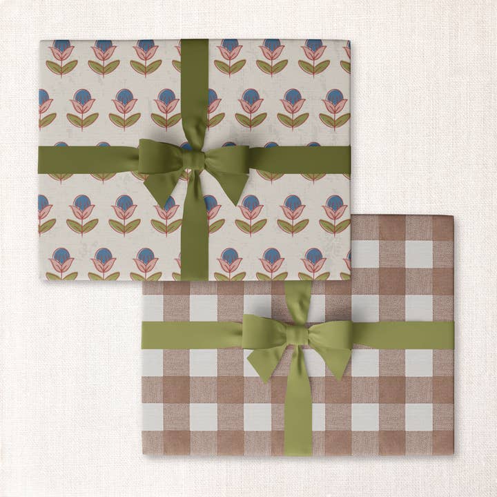 Urbanic Goods - Wholesale Wrapping Paper Roll - roll of 3: block blossom + russet gingham double-sided wrap