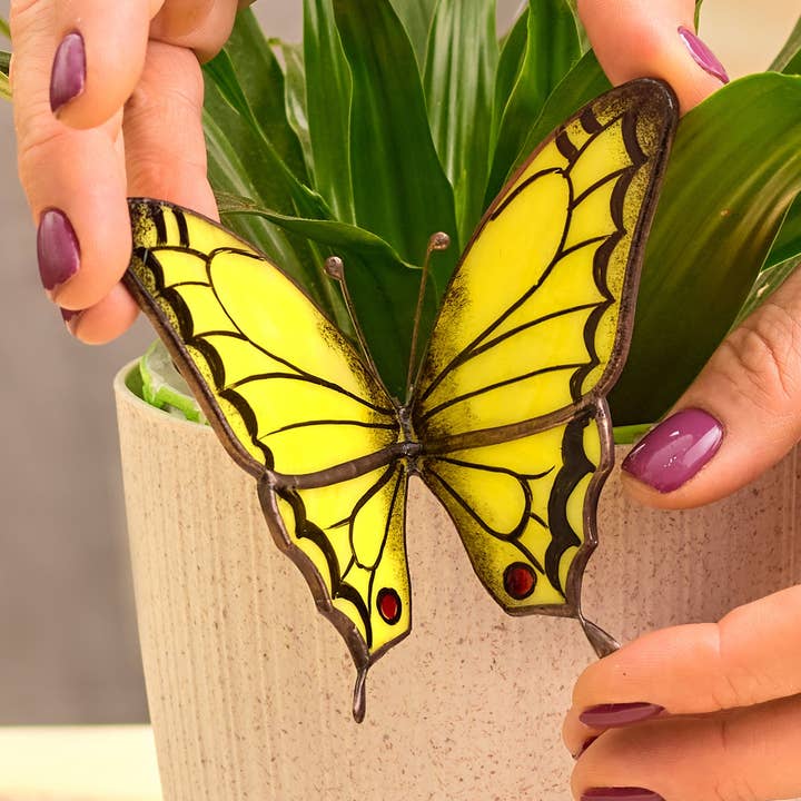 Yellow Butterfly Stained Glass Plan Pot Hugger for wholesale by Avalglass