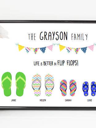 Framed Personalised Family Flip Flop Print for wholesale by Mermaid Marys