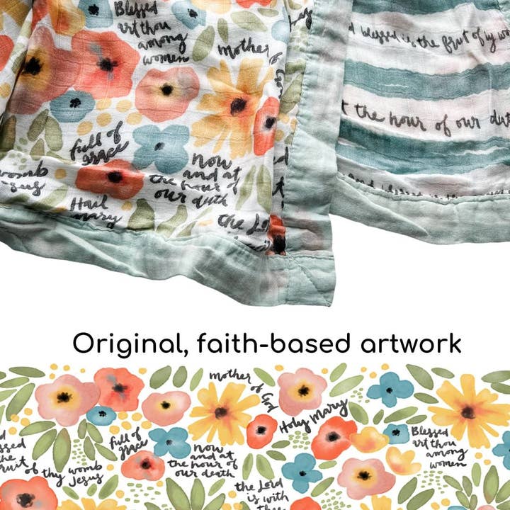 The Little Rose Shop - Wholesale Bedding Blanket - Kids & Baby - Watercolor Hail Mary Luxury Double Sided Muslin Catholic Blanket3