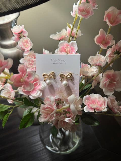 The Becky Bow & Pearl Earrings for wholesale by Boo Bling