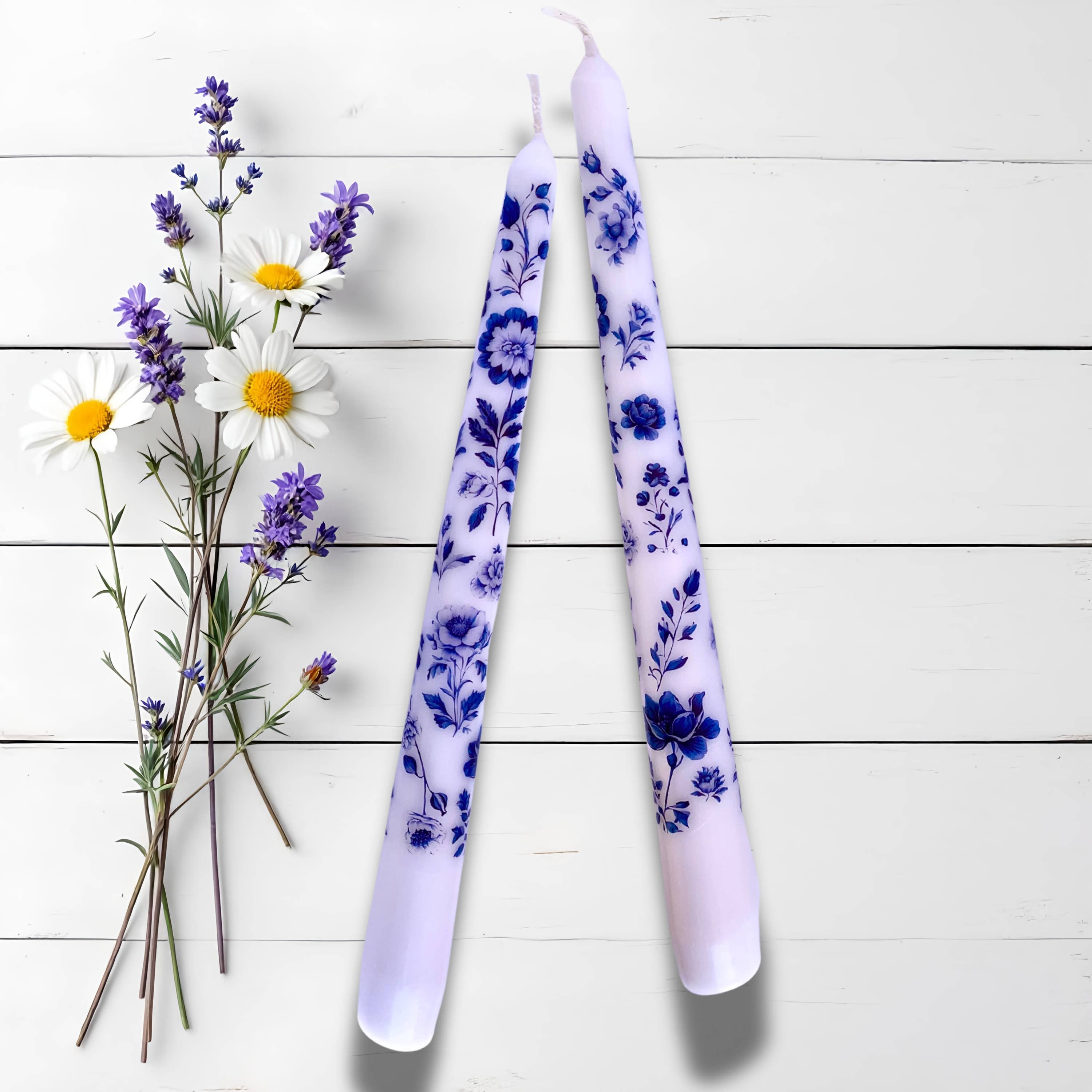 Designs by Michaela - Wholesale Tapered Candle/Candlestick - Blue Floral Chinoiserie Taper Candles for Decor and Gifts1
