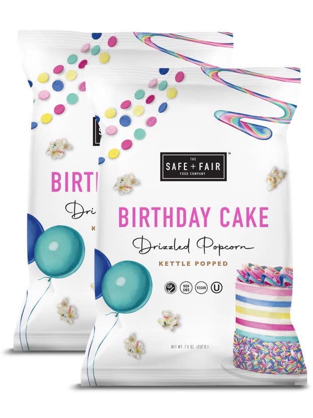 Birthday Cake Drizzled Popcorn Pack for wholesale by The Safe + Fair Food Company