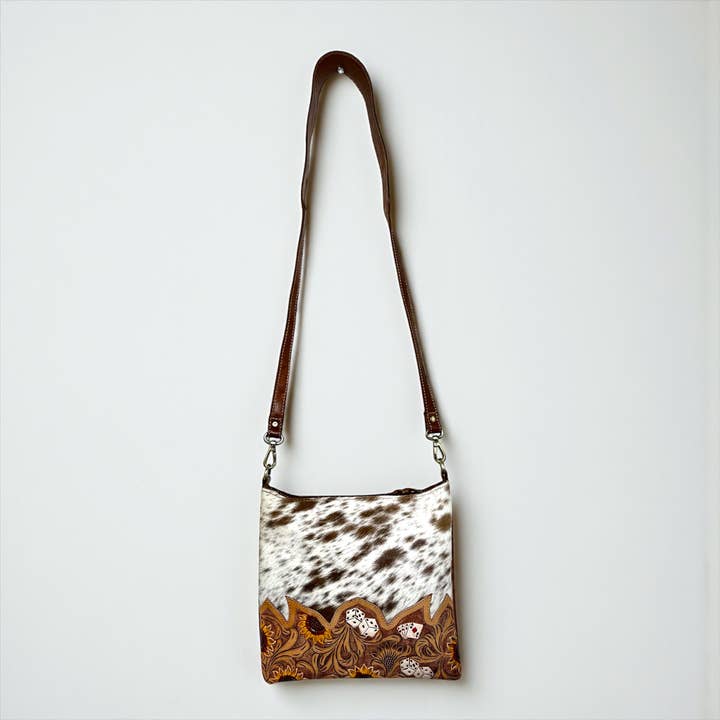 A mala tiracolo de couro trabalhado e pele de vaca por atacado de Western Linens