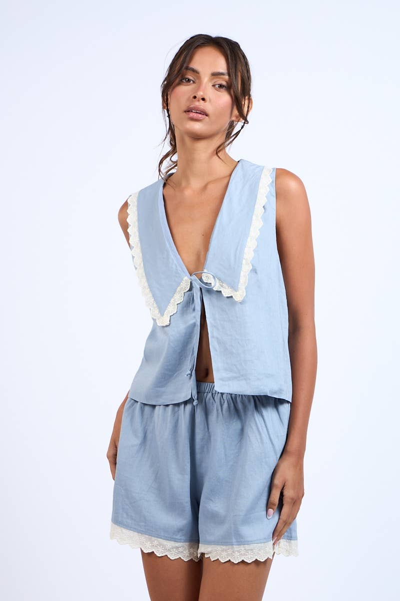 Sky to Moon - Wholesale Top & Short Set (NOT Loungewear) - Women's - WIDE COLLARED FRONT TIE LACE TRIM TOP & SHORTS SET11