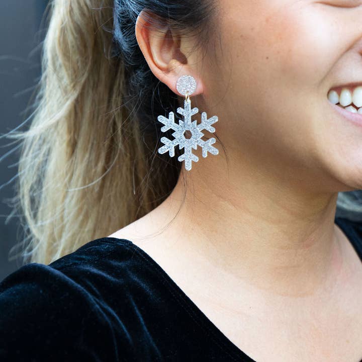 Spiffy & Splendid - Wholesale Dangle Earrings - Snowflake Earrings - Silver Glitter // Christmas, Holiday