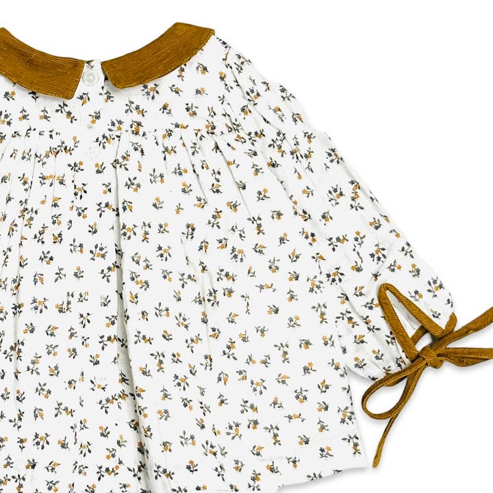 Mustard Ditsy Floral Baby Dress + Corduroy Bloomer SET (Organic) for wholesale on Faire