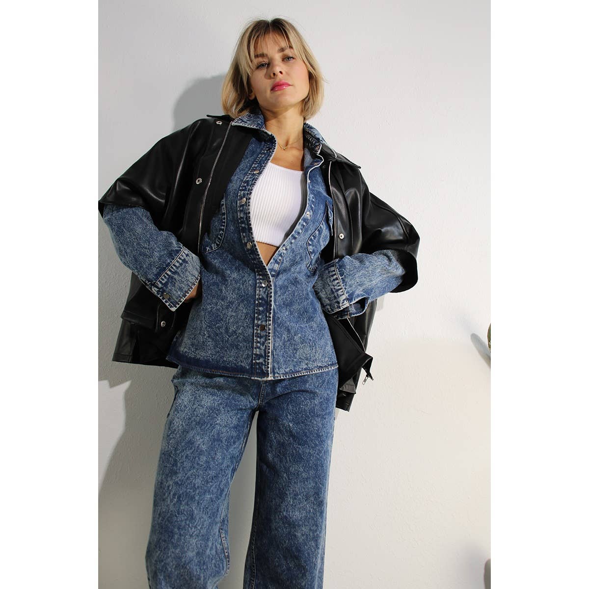 WASHED DENIM SHIRTS JACKEET AND PANTS SET for wholesale on Faire2