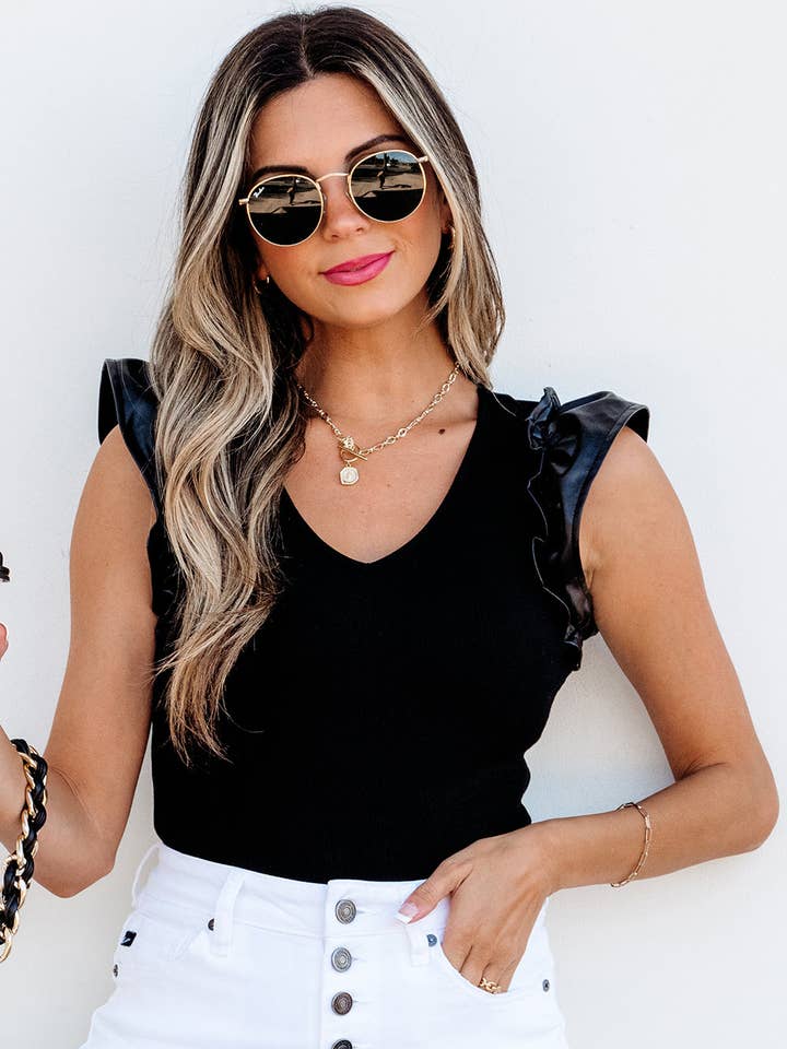 Aniyah Ruffle Patchwork Ribbed V Neck Bodysuit for wholesale by Poppy Lee Lane