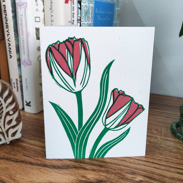Winter Pickle Press - Wholesale Everyday Greeting Card - Handprinted linocut flowing tulips folded card0