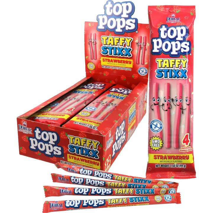 Top Pops Taffy Stixx Bâtonnets Moelleux Fraise 1,55oz 12 unités pour la vente par Snacky Candy