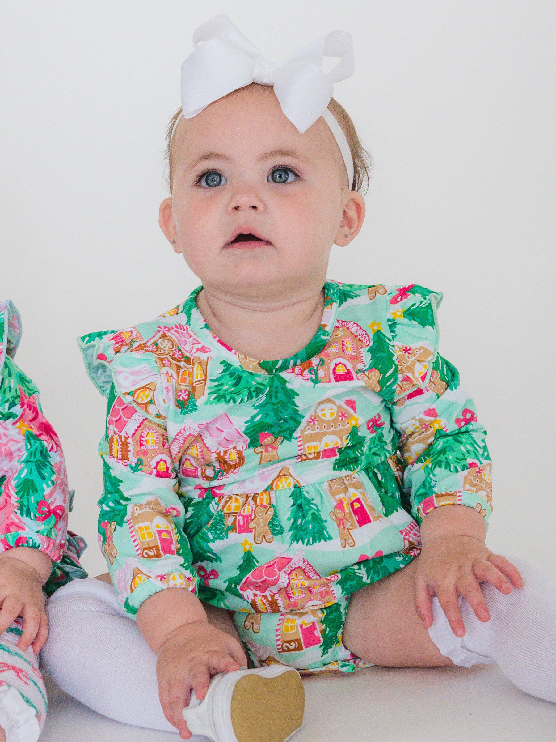 Green Baby Girls Pink Jolly Gingerbread Knit Long Sleeve Flutter Bubble Romper for wholesale on Faire0