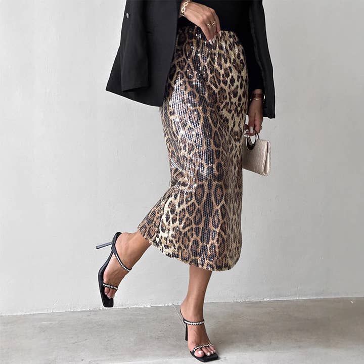 BEAD LEOPARD PRINT LONG FASHION CASUAL SKIRT for wholesale by Lily Clothing