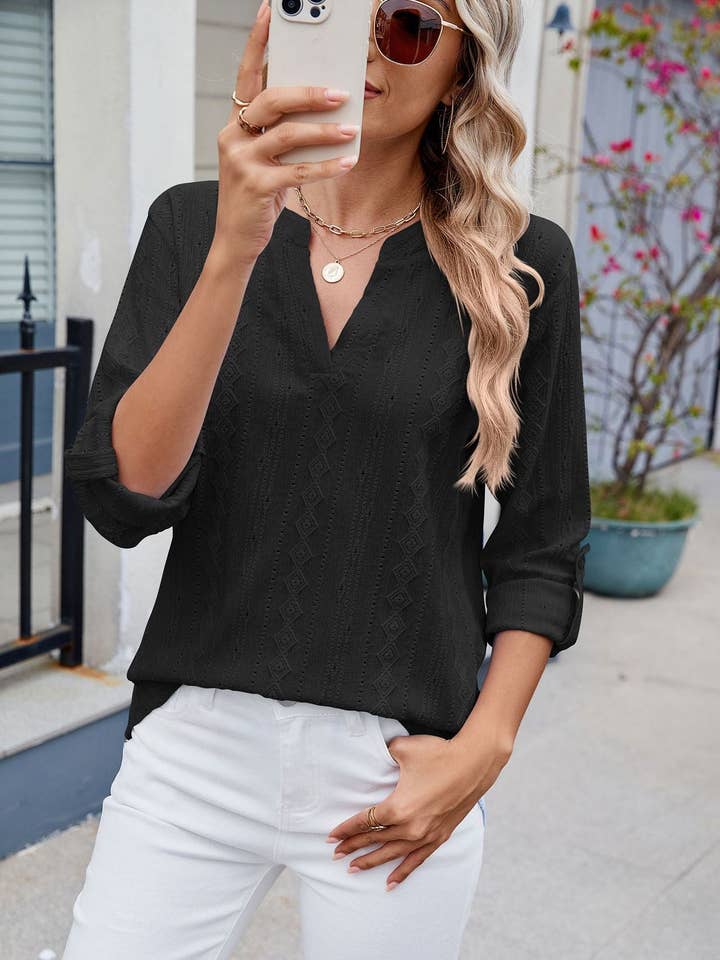 Solid Color V-Neck Sleeve Button Top for wholesale by Lovesoft